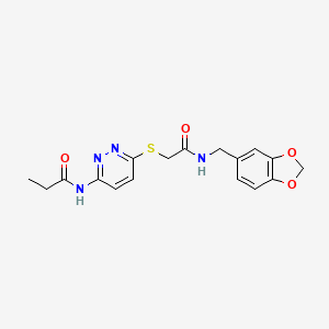 molecular formula C17H18N4O4S B2407450 N-(6-((2-((benzo[d][1,3]dioxol-5-ylmethyl)amino)-2-oxoethyl)thio)pyridazin-3-yl)propionamide CAS No. 1021061-11-9