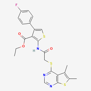 molecular formula C23H20FN3O3S3 B2407595 Ethyl 2-(2-((5,6-dimethylthieno[2,3-d]pyrimidin-4-yl)thio)acetamido)-4-(4-fluorophenyl)thiophene-3-carboxylate CAS No. 496026-48-3