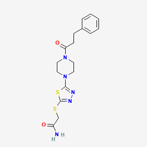 molecular formula C17H21N5O2S2 B2407599 2-((5-(4-(3-Phenylpropanoyl)piperazin-1-yl)-1,3,4-thiadiazol-2-yl)thio)acetamide CAS No. 1105225-08-8