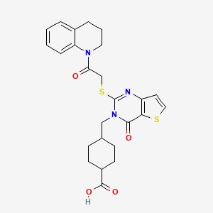 molecular formula C25H27N3O4S2 B2407645 4-[(4-oxo-2-{[2-oxo-2-(1,2,3,4-tetrahydroquinolin-1-yl)ethyl]sulfanyl}-3H,4H-thieno[3,2-d]pyrimidin-3-yl)methyl]cyclohexane-1-carboxylic acid CAS No. 1788532-75-1