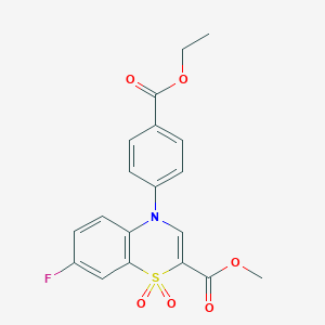 molecular formula C19H16FNO6S B2407673 4-(4-(乙氧羰基)苯基)-7-氟-4H-1,4-苯并噻嗪-2-羧酸甲酯 1,1-二氧化物 CAS No. 1291858-51-9