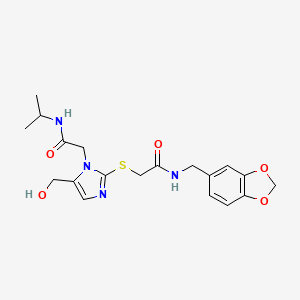 molecular formula C19H24N4O5S B2407845 N-(benzo[d][1,3]dioxol-5-ylmethyl)-2-((5-(hydroxymethyl)-1-(2-(isopropylamino)-2-oxoethyl)-1H-imidazol-2-yl)thio)acetamide CAS No. 921566-70-3