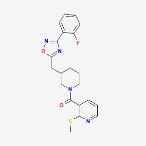 molecular formula C21H21FN4O2S B2408035 (3-((3-(2-Fluorophenyl)-1,2,4-oxadiazol-5-yl)methyl)piperidin-1-yl)(2-(methylthio)pyridin-3-yl)methanone CAS No. 1705879-03-3