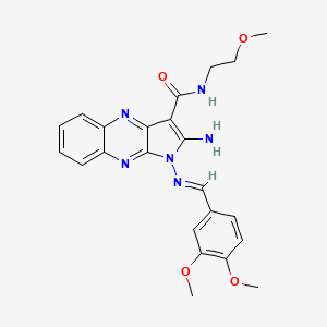 molecular formula C23H24N6O4 B2408067 (E)-2-amino-1-((3,4-dimethoxybenzylidene)amino)-N-(2-methoxyethyl)-1H-pyrrolo[2,3-b]quinoxaline-3-carboxamide CAS No. 840460-75-5
