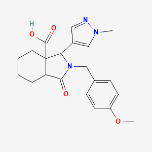 molecular formula C21H25N3O4 B2408151 2-[(4-メトキシフェニル)メチル]-3-(1-メチルピラゾール-4-イル)-1-オキソ-3,4,5,6,7,7a-ヘキサヒドロイソインドール-3a-カルボン酸 CAS No. 2375274-26-1