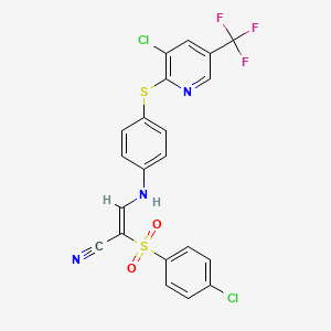 molecular formula C21H12Cl2F3N3O2S2 B2408160 2-((4-Chlorophenyl)sulfonyl)-3-((4-(3-chloro-5-(trifluoromethyl)(2-pyridylthio))phenyl)amino)prop-2-enenitrile CAS No. 1025311-72-1