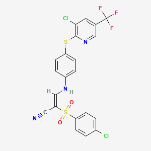 molecular formula C21H12Cl2F3N3O2S2 B2408160 2-((4-氯苯基)磺酰基)-3-((4-(3-氯-5-(三氟甲基)(2-吡啶基硫基))苯基)氨基)丙-2-烯腈 CAS No. 1025311-72-1