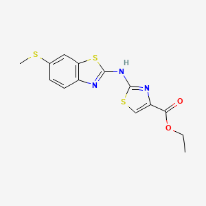 molecular formula C14H13N3O2S3 B2408195 Ethyl 2-((6-(methylthio)benzo[d]thiazol-2-yl)amino)thiazole-4-carboxylate CAS No. 890947-68-9