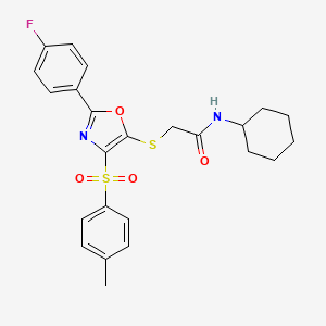 molecular formula C24H25FN2O4S2 B2408200 N-cyclohexyl-2-[[2-(4-fluorophenyl)-4-(4-methylphenyl)sulfonyl-1,3-oxazol-5-yl]sulfanyl]acetamide CAS No. 686737-12-2