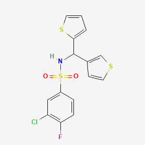 molecular formula C15H11ClFNO2S3 B2408251 3-chloro-4-fluoro-N-(thiophen-2-yl(thiophen-3-yl)methyl)benzenesulfonamide CAS No. 2034459-04-4