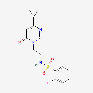molecular formula C15H16FN3O3S B2408282 N-(2-(4-cyclopropyl-6-oxopyrimidin-1(6H)-yl)ethyl)-2-fluorobenzenesulfonamide CAS No. 2034590-74-2