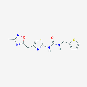molecular formula C13H13N5O2S2 B2408383 1-(4-((3-Methyl-1,2,4-oxadiazol-5-yl)methyl)thiazol-2-yl)-3-(thiophen-2-ylmethyl)urea CAS No. 1797187-44-0