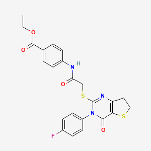 molecular formula C23H20FN3O4S2 B2408385 Ethyl 4-(2-((3-(4-fluorophenyl)-4-oxo-3,4,6,7-tetrahydrothieno[3,2-d]pyrimidin-2-yl)thio)acetamido)benzoate CAS No. 362501-59-5