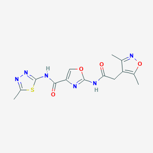molecular formula C14H14N6O4S B2408389 2-(2-(3,5-dimethylisoxazol-4-yl)acetamido)-N-(5-methyl-1,3,4-thiadiazol-2-yl)oxazole-4-carboxamide CAS No. 1795413-82-9
