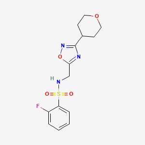 molecular formula C14H16FN3O4S B2408394 2-fluoro-N-((3-(tetrahydro-2H-pyran-4-yl)-1,2,4-oxadiazol-5-yl)methyl)benzenesulfonamide CAS No. 2034536-47-3