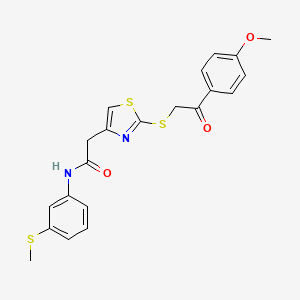 molecular formula C21H20N2O3S3 B2408395 2-(2-((2-(4-methoxyphenyl)-2-oxoethyl)thio)thiazol-4-yl)-N-(3-(methylthio)phenyl)acetamide CAS No. 1021130-56-2