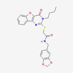 molecular formula C24H23N3O5S B2408486 N-(1,3-苯并二氧杂环-5-基甲基)-2-[(3-丁基-4-氧代-3,4-二氢[1]苯并呋喃[3,2-d]嘧啶-2-基)硫代]乙酰胺 CAS No. 899941-30-1