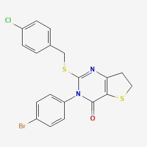 molecular formula C19H14BrClN2OS2 B2408552 3-(4-Bromophenyl)-2-[(4-chlorophenyl)methylsulfanyl]-6,7-dihydrothieno[3,2-d]pyrimidin-4-one CAS No. 687567-59-5