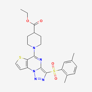 molecular formula C23H25N5O4S2 B2408576 Ethyl 1-(3-((2,5-dimethylphenyl)sulfonyl)thieno[2,3-e][1,2,3]triazolo[1,5-a]pyrimidin-5-yl)piperidine-4-carboxylate CAS No. 892746-47-3