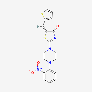 molecular formula C18H16N4O3S2 B2408579 (E)-2-(4-(2-nitrophenyl)piperazin-1-yl)-5-(thiophen-2-ylmethylene)thiazol-4(5H)-one CAS No. 369401-78-5
