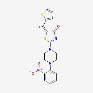 molecular formula C18H16N4O3S2 B2408579 (E)-2-(4-(2-硝基苯基)哌嗪-1-基)-5-(噻吩-2-基亚甲基)噻唑-4(5H)-酮 CAS No. 369401-78-5