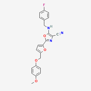 molecular formula C23H18FN3O4 B2408596 5-((4-Fluorobenzyl)amino)-2-(5-((4-methoxyphenoxy)methyl)furan-2-yl)oxazole-4-carbonitrile CAS No. 941969-06-8