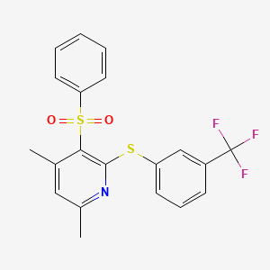 molecular formula C20H16F3NO2S2 B2408657 4,6-Dimethyl-3-(phenylsulfonyl)-2-{[3-(trifluoromethyl)phenyl]sulfanyl}pyridine CAS No. 339017-02-6
