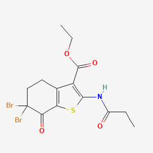 molecular formula C14H15Br2NO4S B2408745 Ethyl 6,6-dibromo-7-oxo-2-(propanoylamino)-4,5,6,7-tetrahydro-1-benzothiophene-3-carboxylate CAS No. 113407-91-3