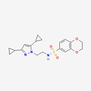 molecular formula C19H23N3O4S B2408764 N-(2-(3,5-二环丙基-1H-吡唑-1-基)乙基)-2,3-二氢苯并[b][1,4]二氧杂环-6-磺酰胺 CAS No. 2185590-45-6