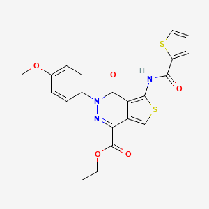molecular formula C21H17N3O5S2 B2408784 3-(4-甲氧基苯基)-4-氧代-5-(噻吩-2-甲酰胺)-3,4-二氢噻吩并[3,4-d]嘧啶-1-甲酸乙酯 CAS No. 851977-74-7