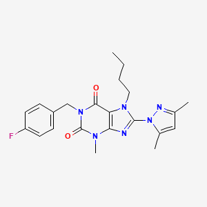 molecular formula C22H25FN6O2 B2408803 7-butyl-8-(3,5-dimethyl-1H-pyrazol-1-yl)-1-(4-fluorobenzyl)-3-methyl-1H-purine-2,6(3H,7H)-dione CAS No. 1013991-06-4
