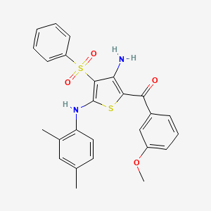 molecular formula C26H24N2O4S2 B2408910 (3-Amino-5-((2,4-dimethylphenyl)amino)-4-(phenylsulfonyl)thiophen-2-yl)(3-methoxyphenyl)methanone CAS No. 890819-71-3