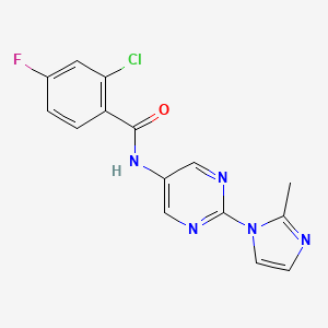 molecular formula C15H11ClFN5O B2408912 2-氯-4-氟-N-(2-(2-甲基-1H-咪唑-1-基)嘧啶-5-基)苯甲酰胺 CAS No. 1421458-65-2