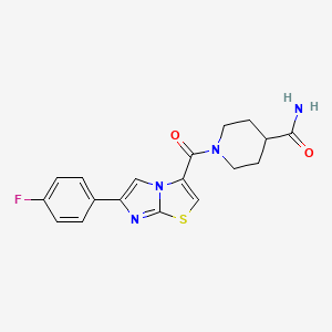 molecular formula C18H17FN4O2S B2408937 1-(6-(4-Fluorophenyl)imidazo[2,1-b]thiazole-3-carbonyl)piperidine-4-carboxamide CAS No. 1049439-73-7