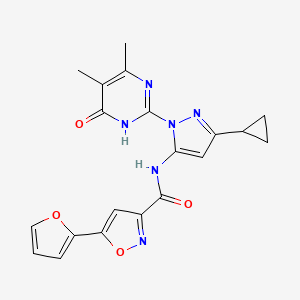 molecular formula C20H18N6O4 B2408979 N-(3-环丙基-1-(4,5-二甲基-6-氧代-1,6-二氢嘧啶-2-基)-1H-吡唑-5-基)-5-(呋喃-2-基)异噁唑-3-甲酰胺 CAS No. 1203401-82-4