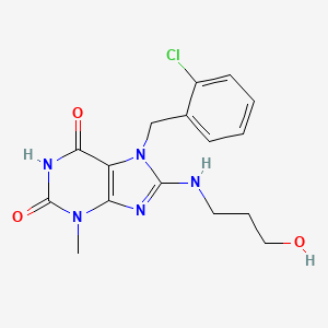 molecular formula C16H18ClN5O3 B2408999 7-(2-chlorobenzyl)-8-((3-hydroxypropyl)amino)-3-methyl-1H-purine-2,6(3H,7H)-dione CAS No. 671765-79-0