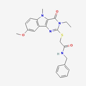 molecular formula C23H24N4O3S B2409046 N-benzyl-2-((3-ethyl-8-methoxy-5-methyl-4-oxo-4,5-dihydro-3H-pyrimido[5,4-b]indol-2-yl)thio)acetamide CAS No. 1112430-75-7