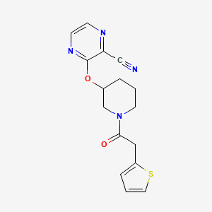 molecular formula C16H16N4O2S B2409092 3-((1-(2-(Thiophen-2-yl)acetyl)piperidin-3-yl)oxy)pyrazine-2-carbonitrile CAS No. 2034485-75-9