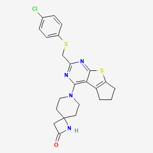 molecular formula C23H23ClN4OS2 B2409114 7-(10-{[(4-Chlorophenyl)sulfanyl]methyl}-7-thia-9,11-diazatricyclo[6.4.0.0^{2,6}]dodeca-1(8),2(6),9,11-tetraen-12-yl)-1,7-diazaspiro[3.5]nonan-2-one CAS No. 1241564-71-5