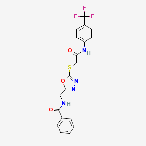 molecular formula C19H15F3N4O3S B2409166 N-((5-((2-oxo-2-((4-(trifluoromethyl)phenyl)amino)ethyl)thio)-1,3,4-oxadiazol-2-yl)methyl)benzamide CAS No. 872613-51-9