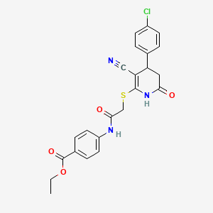 molecular formula C23H20ClN3O4S B2409167 Ethyl 4-(2-((4-(4-chlorophenyl)-3-cyano-6-oxo-1,4,5,6-tetrahydropyridin-2-yl)thio)acetamido)benzoate CAS No. 701228-11-7