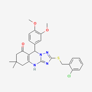 molecular formula C26H27ClN4O3S B2409246 2-((2-chlorobenzyl)thio)-9-(3,4-dimethoxyphenyl)-6,6-dimethyl-5,6,7,9-tetrahydro-[1,2,4]triazolo[5,1-b]quinazolin-8(4H)-one CAS No. 536986-91-1