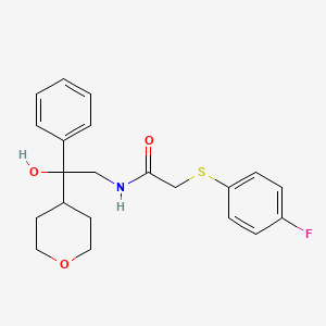 molecular formula C21H24FNO3S B2409247 2-((4-氟苯基)硫代)-N-(2-羟基-2-苯基-2-(四氢-2H-吡喃-4-基)乙基)乙酰胺 CAS No. 2176270-46-3
