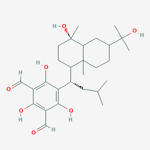 molecular formula C28H42O7 B240932 2,4,6-trihydroxy-5-[(1S)-1-[(4S)-4-hydroxy-6-(2-hydroxypropan-2-yl)-4,8a-dimethyl-1,2,3,4a,5,6,7,8-octahydronaphthalen-1-yl]-3-methylbutyl]benzene-1,3-dicarbaldehyde CAS No. 179603-47-5