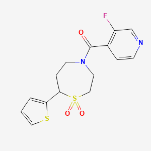 molecular formula C15H15FN2O3S2 B2409430 (1,1-Dioxido-7-(thiophen-2-yl)-1,4-thiazepan-4-yl)(3-fluoropyridin-4-yl)methanone CAS No. 2034421-95-7
