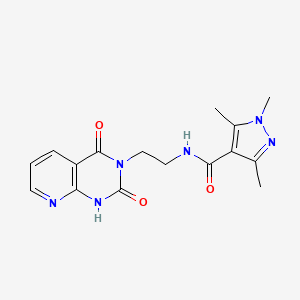 molecular formula C16H18N6O3 B2409437 N-(2-(2,4-dioxo-1,2-dihydropyrido[2,3-d]pyrimidin-3(4H)-yl)ethyl)-1,3,5-trimethyl-1H-pyrazole-4-carboxamide CAS No. 2034372-98-8