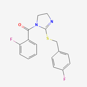 molecular formula C17H14F2N2OS B2409456 (2-Fluorophenyl)-[2-[(4-fluorophenyl)methylsulfanyl]-4,5-dihydroimidazol-1-yl]methanone CAS No. 851865-77-5