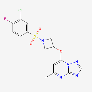 molecular formula C15H13ClFN5O3S B2409577 1-(3-Chloro-4-fluorobenzenesulfonyl)-3-({5-methyl-[1,2,4]triazolo[1,5-a]pyrimidin-7-yl}oxy)azetidine CAS No. 2097888-25-8