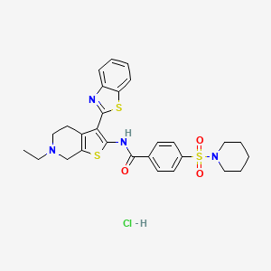 molecular formula C28H31ClN4O3S3 B2409590 盐酸N-(3-(苯并[d]噻唑-2-基)-6-乙基-4,5,6,7-四氢噻吩并[2,3-c]吡啶-2-基)-4-(哌啶-1-磺酰基)苯甲酰胺 CAS No. 1216755-88-2