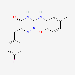 molecular formula C18H17FN4O2 B2409618 6-(4-fluorobenzyl)-3-((2-methoxy-5-methylphenyl)amino)-1,2,4-triazin-5(4H)-one CAS No. 905780-61-2
